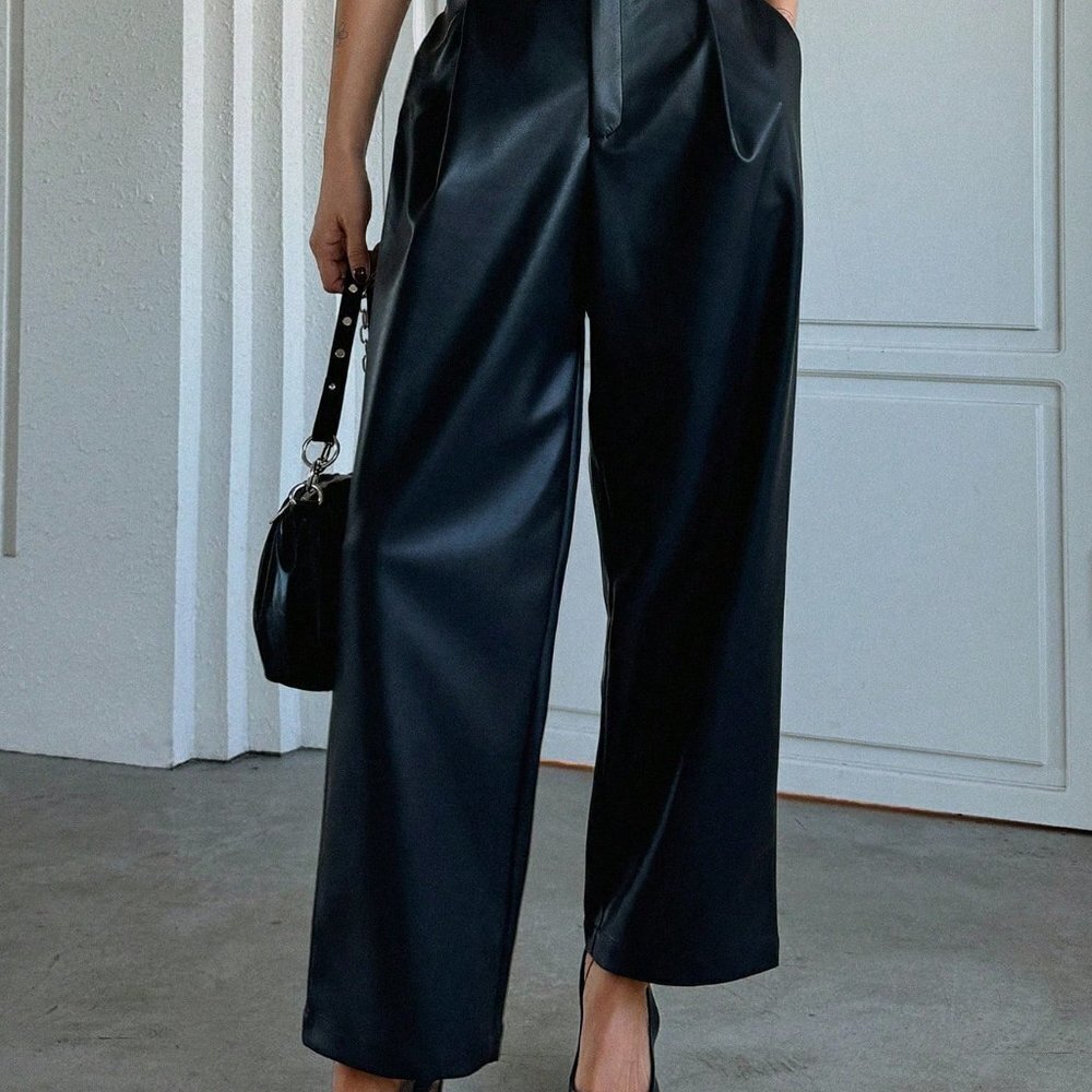 Black Preppy Womens High-waisted Faux Leather Trousers With Slanted Pocket - Picture 5 of 5